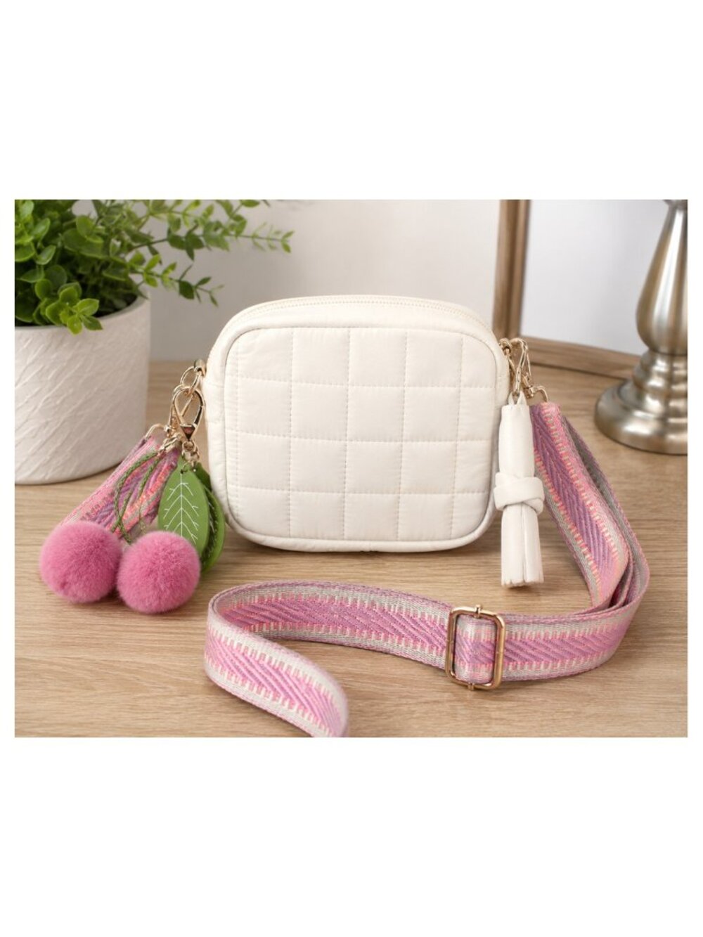 White Quilted Crossbody Bag with Pink Strap & Cherry Charm NWOT